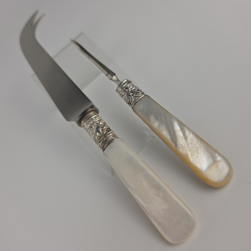 Antique Sheffield Mother of Pearl Cheese Knife & Nut Pick Silver Tone Ferrule